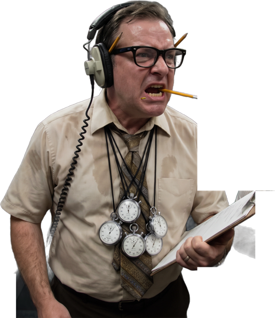 Producer Curtiss in headphones, a pencil in his teeth and a dozen stopwatches around his neck