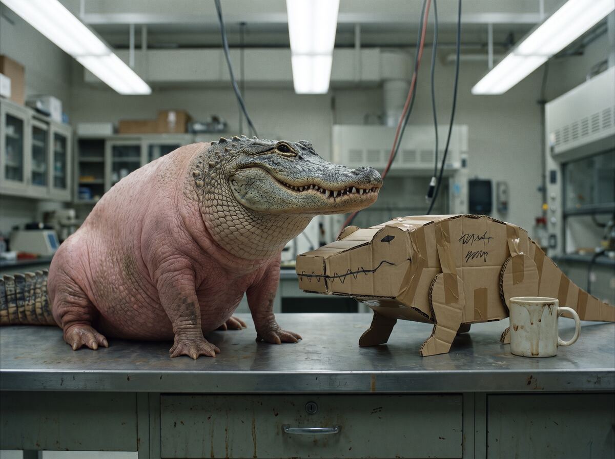 A pig-alligator on a lab table next to its cardboard prototype