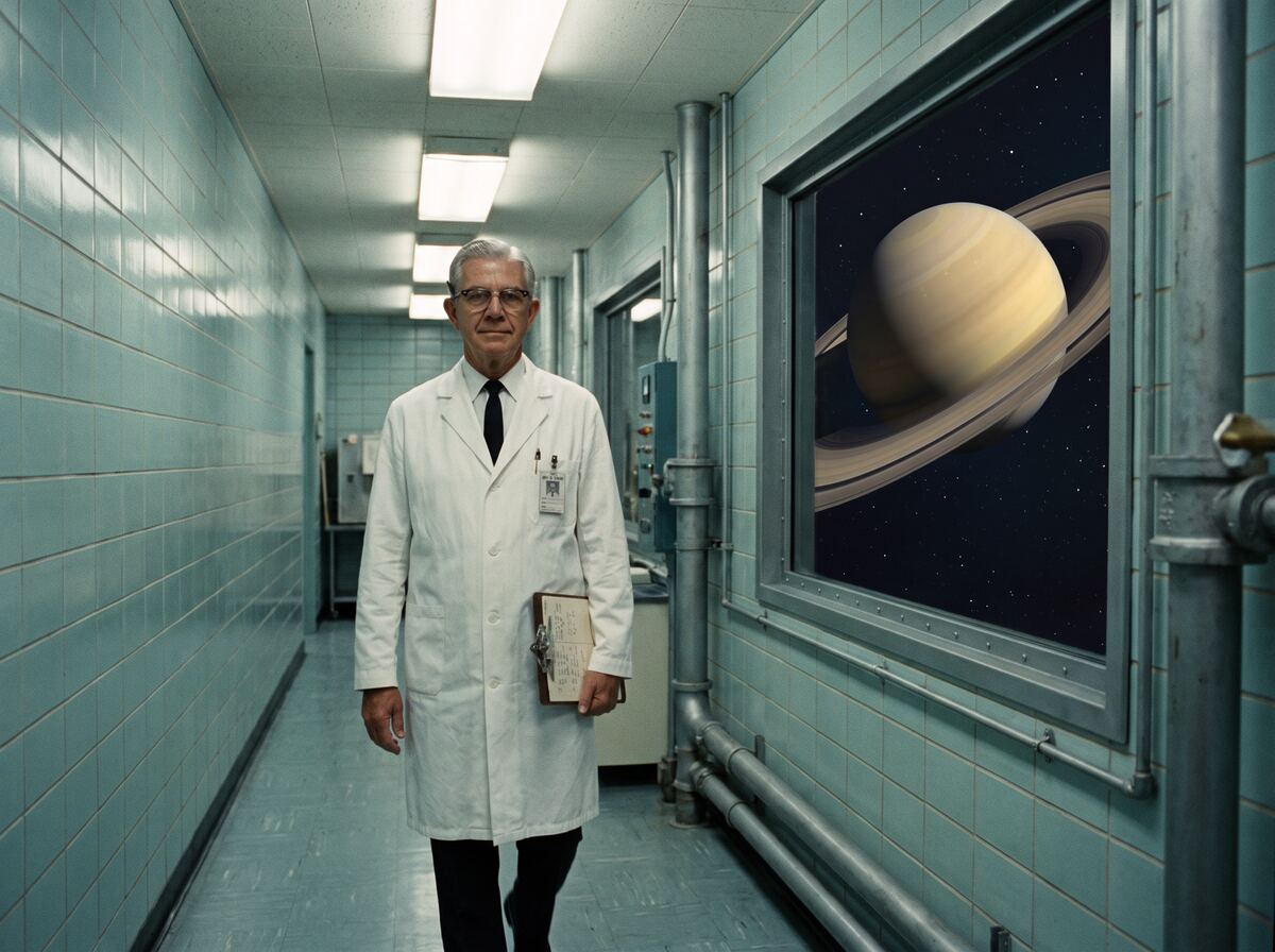 A scientist walking down a lab corridor with a ringed planet in the window