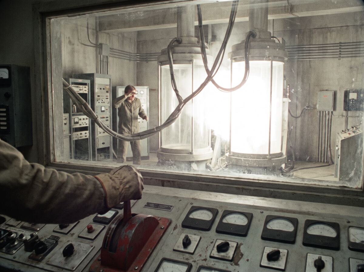 A hand pulling the lever on a glowing machine