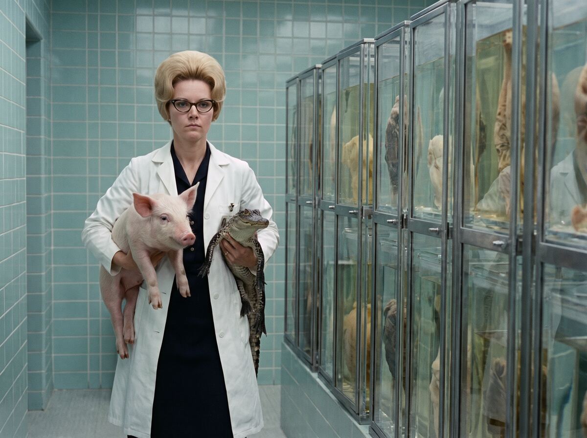 A scientist holding a pig and an alligator