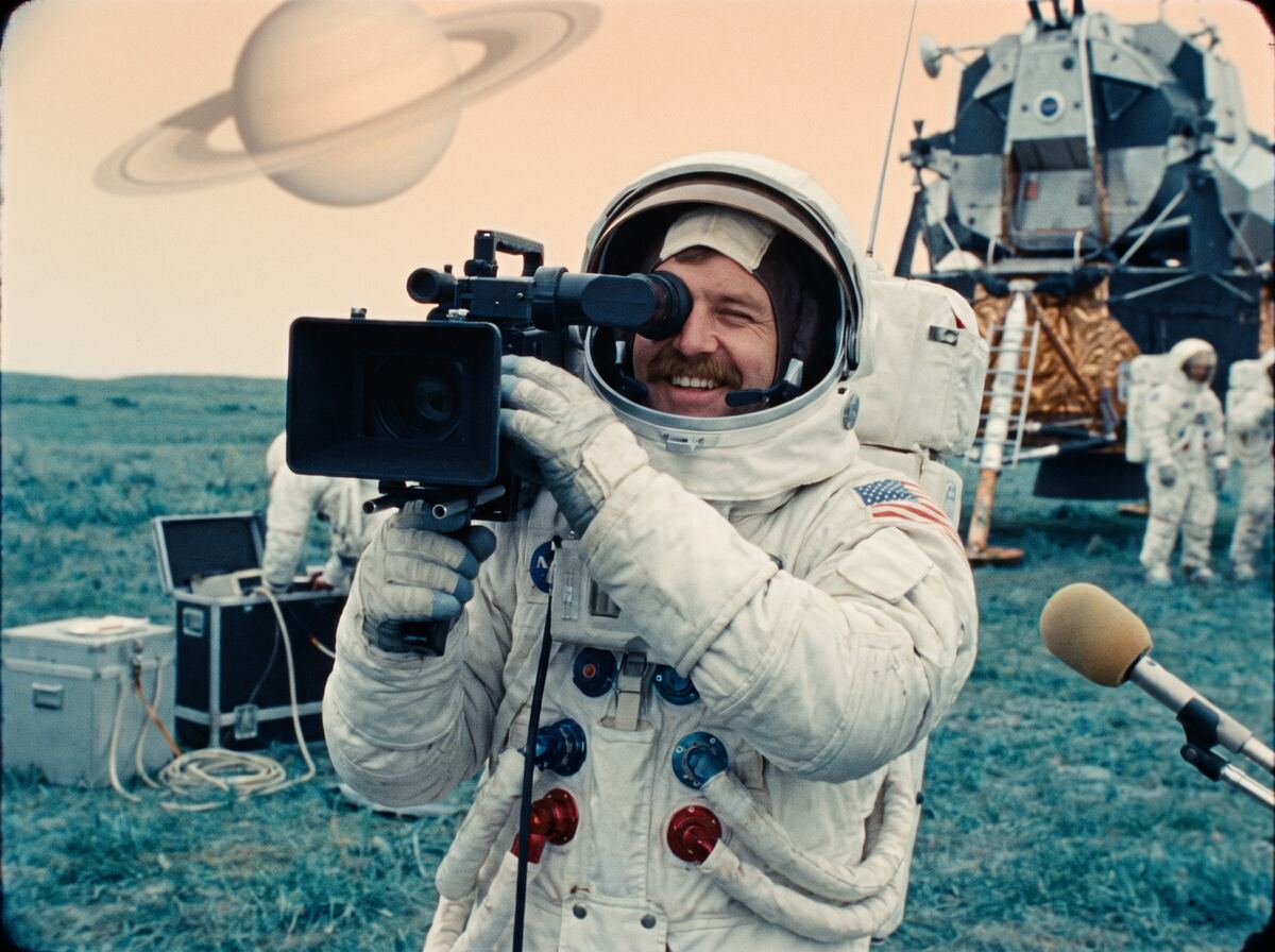 An astronaut cameraman filming on the surface of Remus