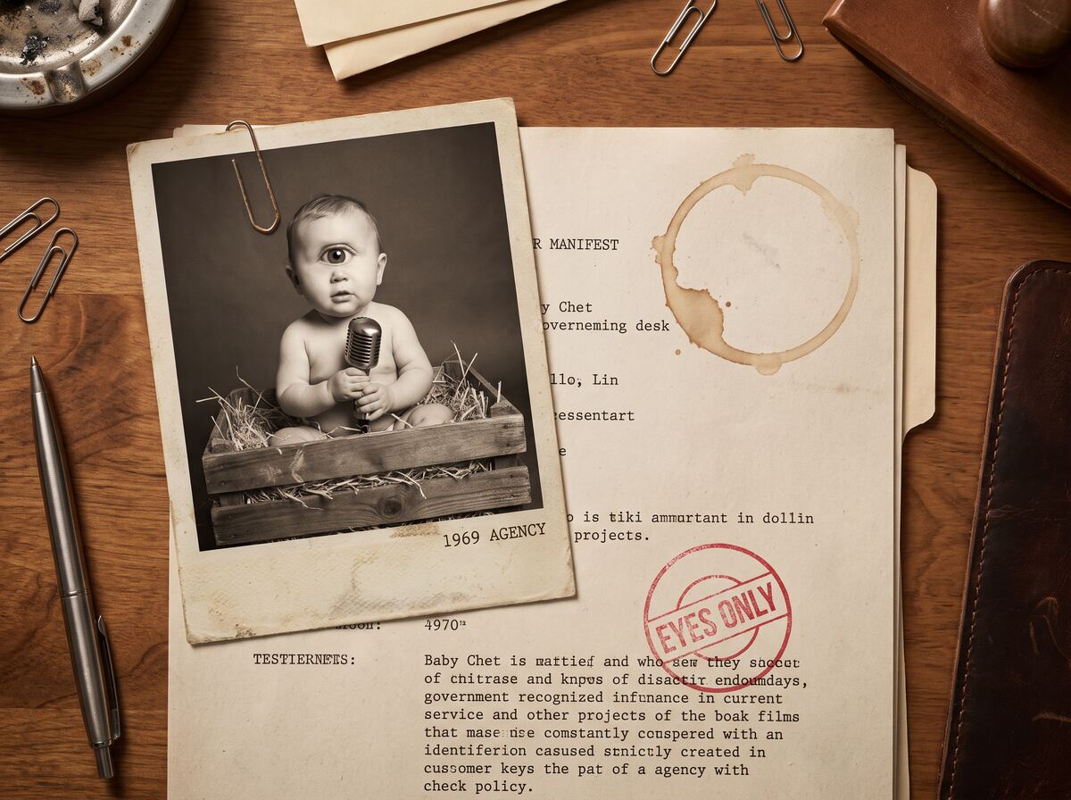 A blurred, classified government file with a baby photo clipped to it