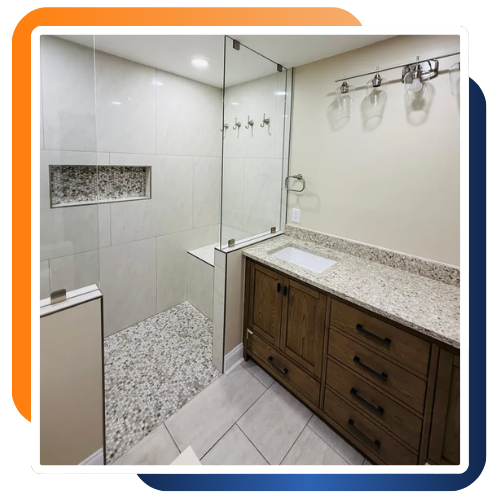 Modern bathroom remodeling in Catonsville, MD with bright tile and clean design