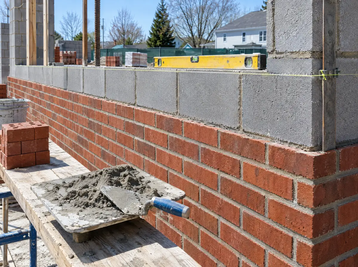 Brick and concrete block masonry wall under construction
