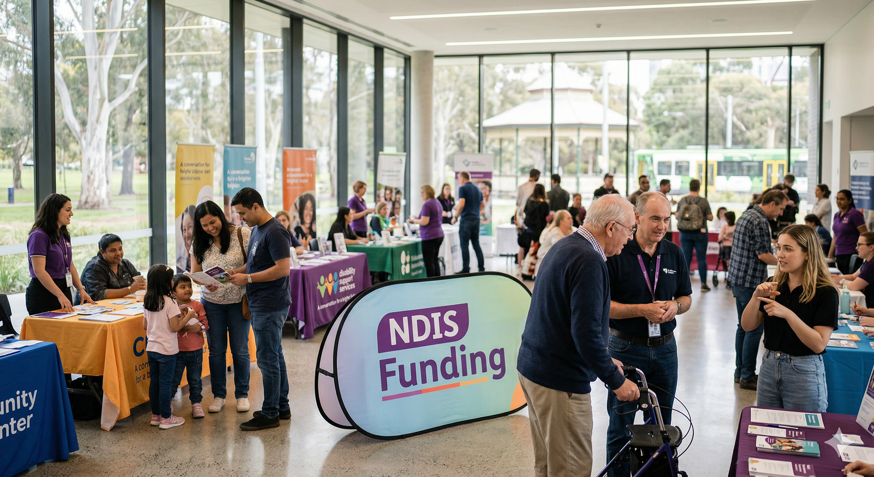 NDIS funding for disability services in Melbourne. A community expo at Mirai Wellbeing showing diverse participants, support workers, and a Melbourne tram in the background, with a sign reading NDIS Funding.