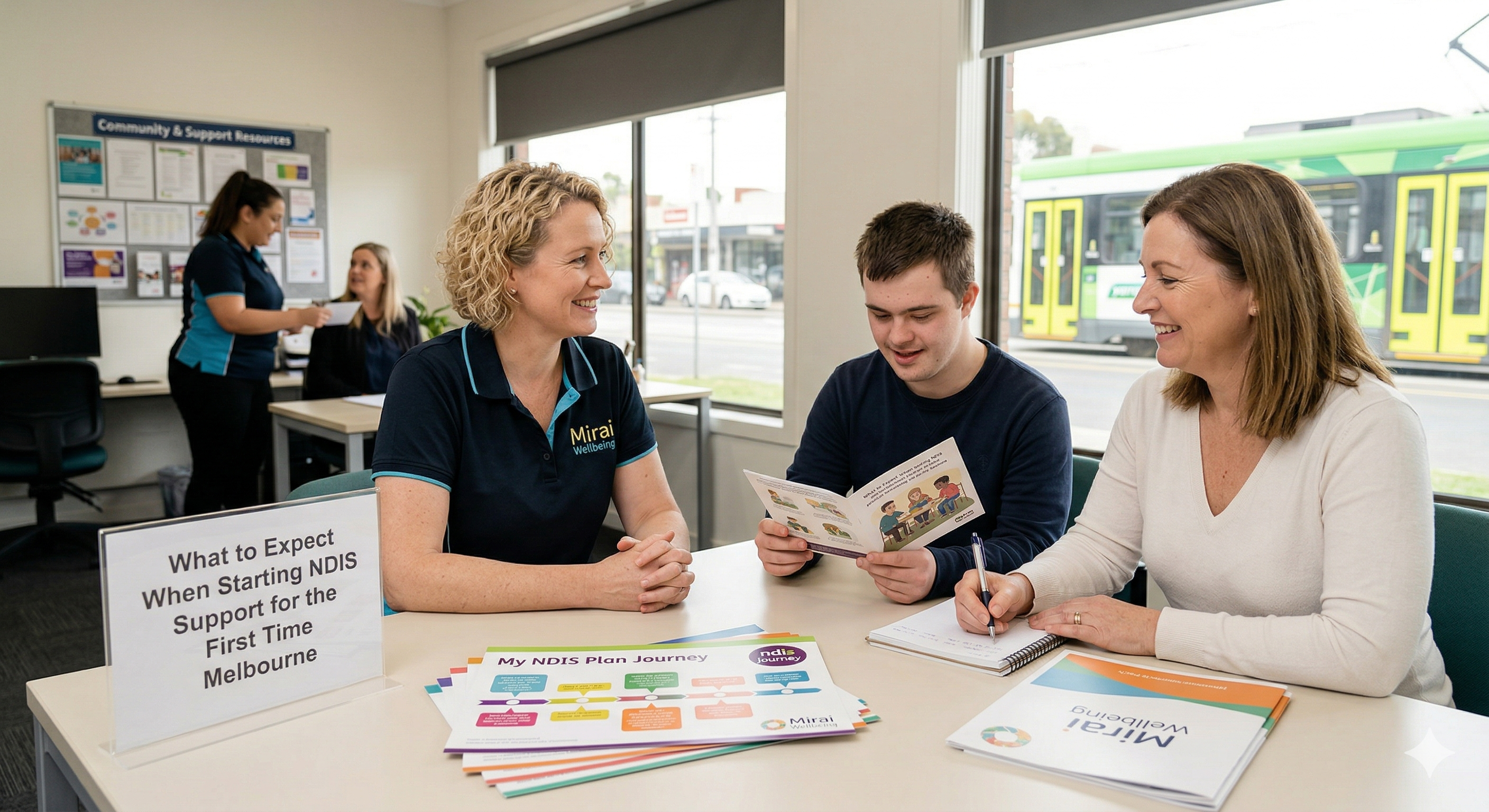 mum and son siting with a ndis helper
