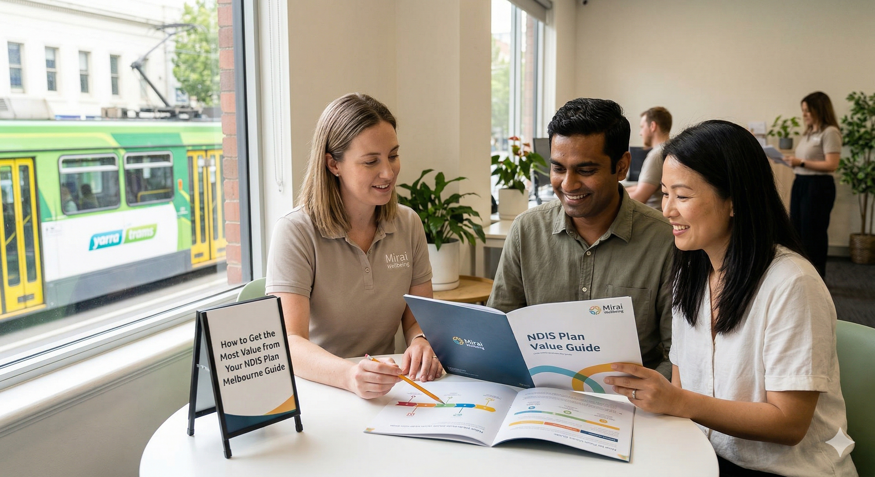 A collaborative consultation between a friendly Mirai Wellbeing NDIS coordinator and a diverse couple in a sunlit Melbourne office. They are reviewing an open 'NDIS Plan Value Guide' on a table, with a green and yellow W-class tram visible through the large window, symbolizing local NDIS planning support in Victoria. A collaborative consultation between a friendly Mirai Wellbeing NDIS coordinator and a diverse couple in a sunlit Melbourne office. They are reviewing an open 'NDIS Plan Value Guide' on a table, with a green and yellow W-class tram visible through the large window, symbolizing local NDIS planning support in Victoria.