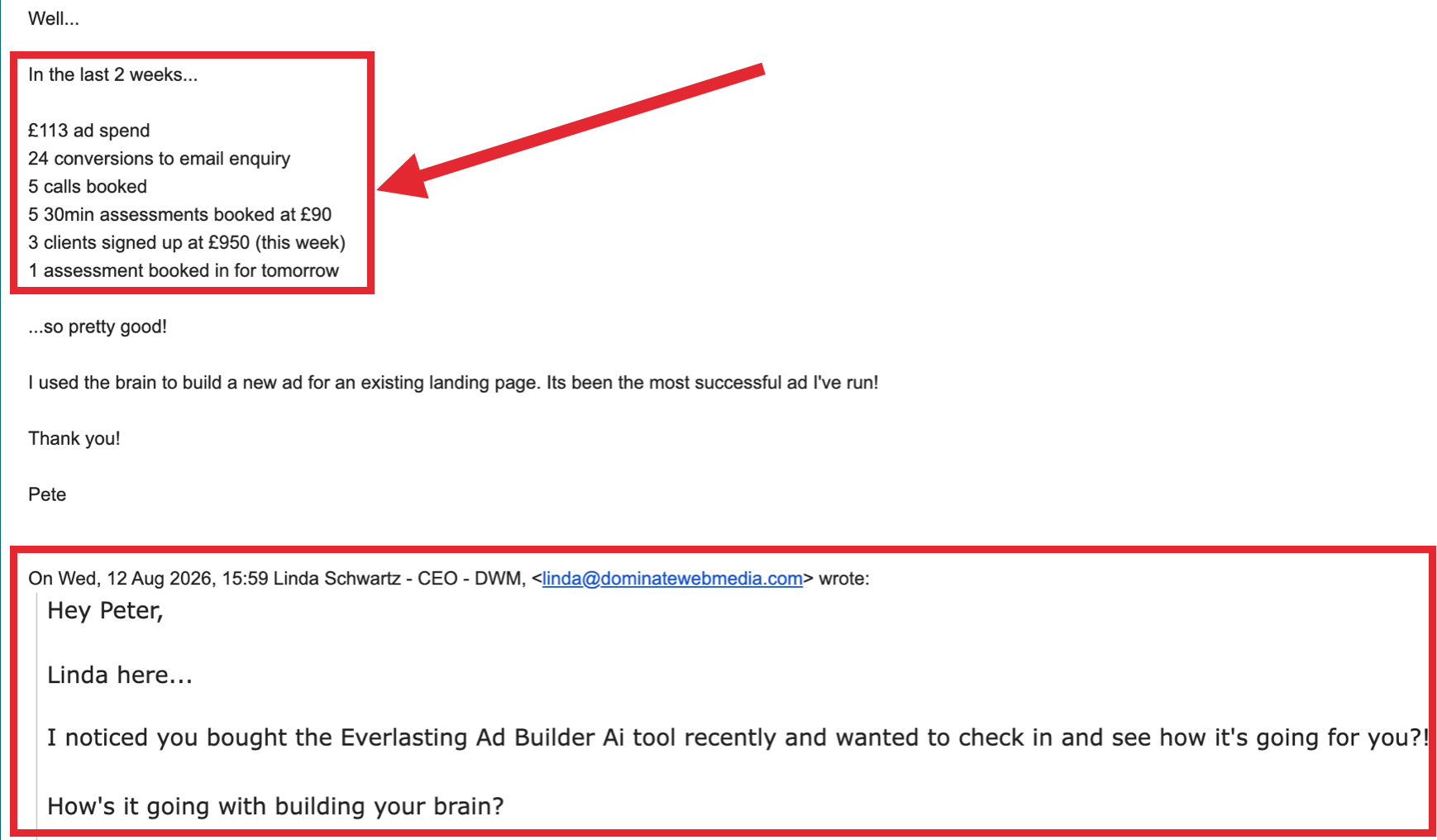 Email from Pete reporting results from an ad built with the AI Brain