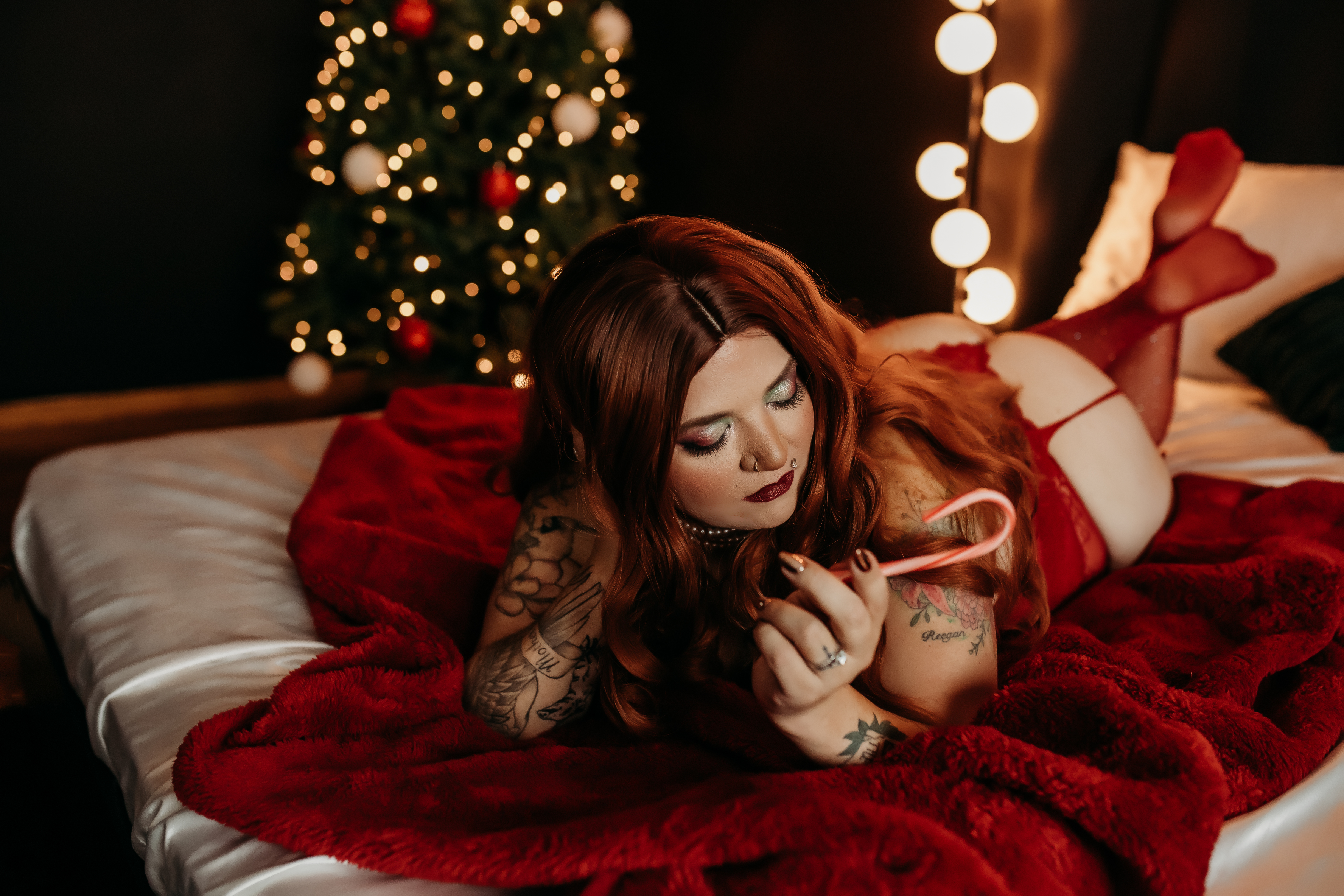 Christmas boudoir studio environment with elegant holiday decor