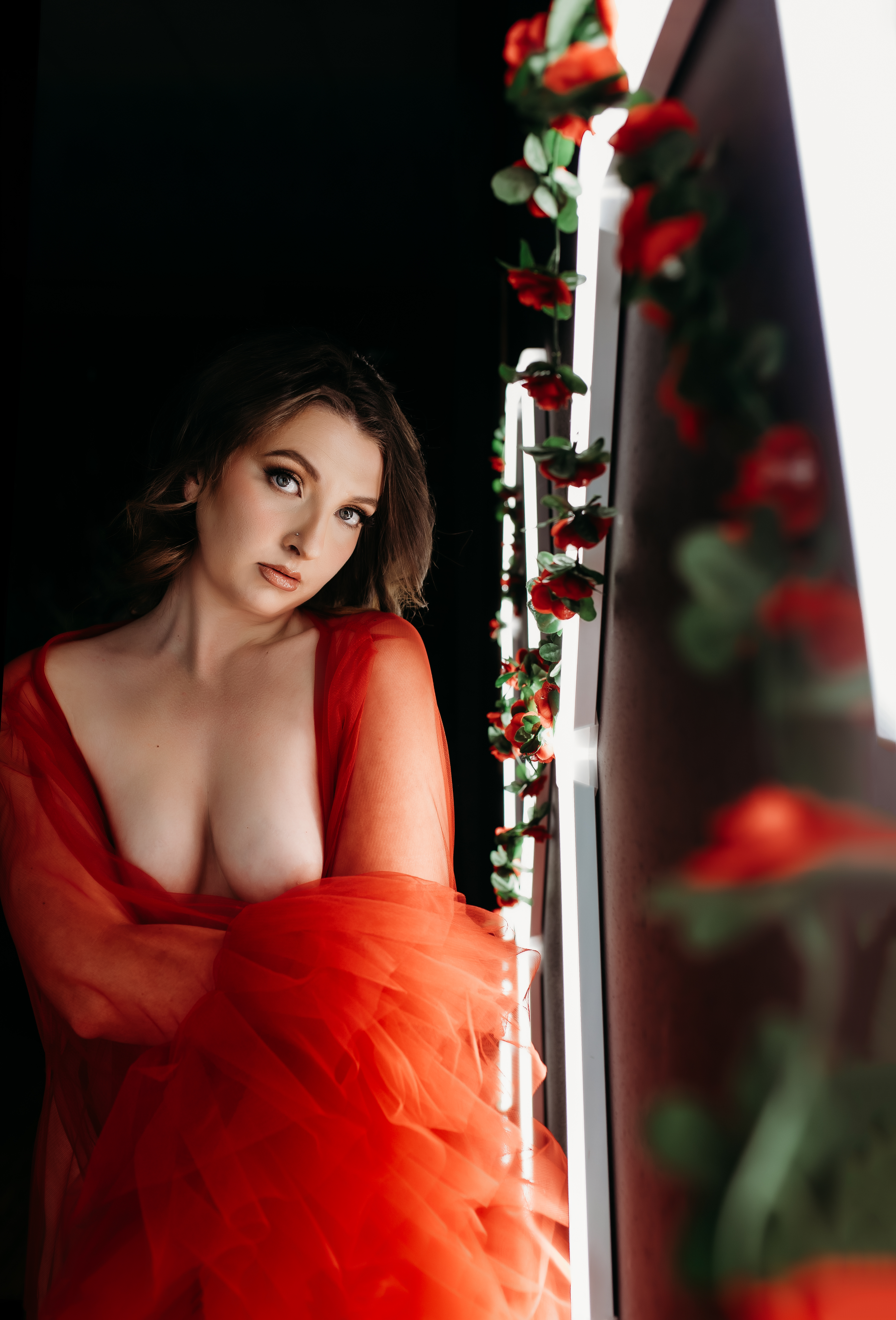 Valentine's Day boudoir studio environment with subtle romantic accents