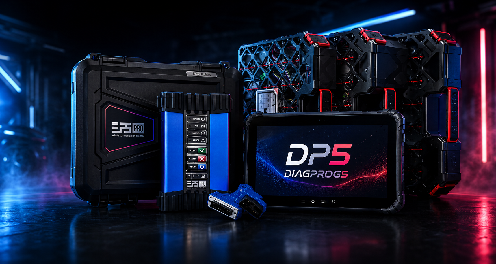 DiagProg5 diagnostic platform — tablet, ELP5 PRO VCI, OBD adapter and rugged case