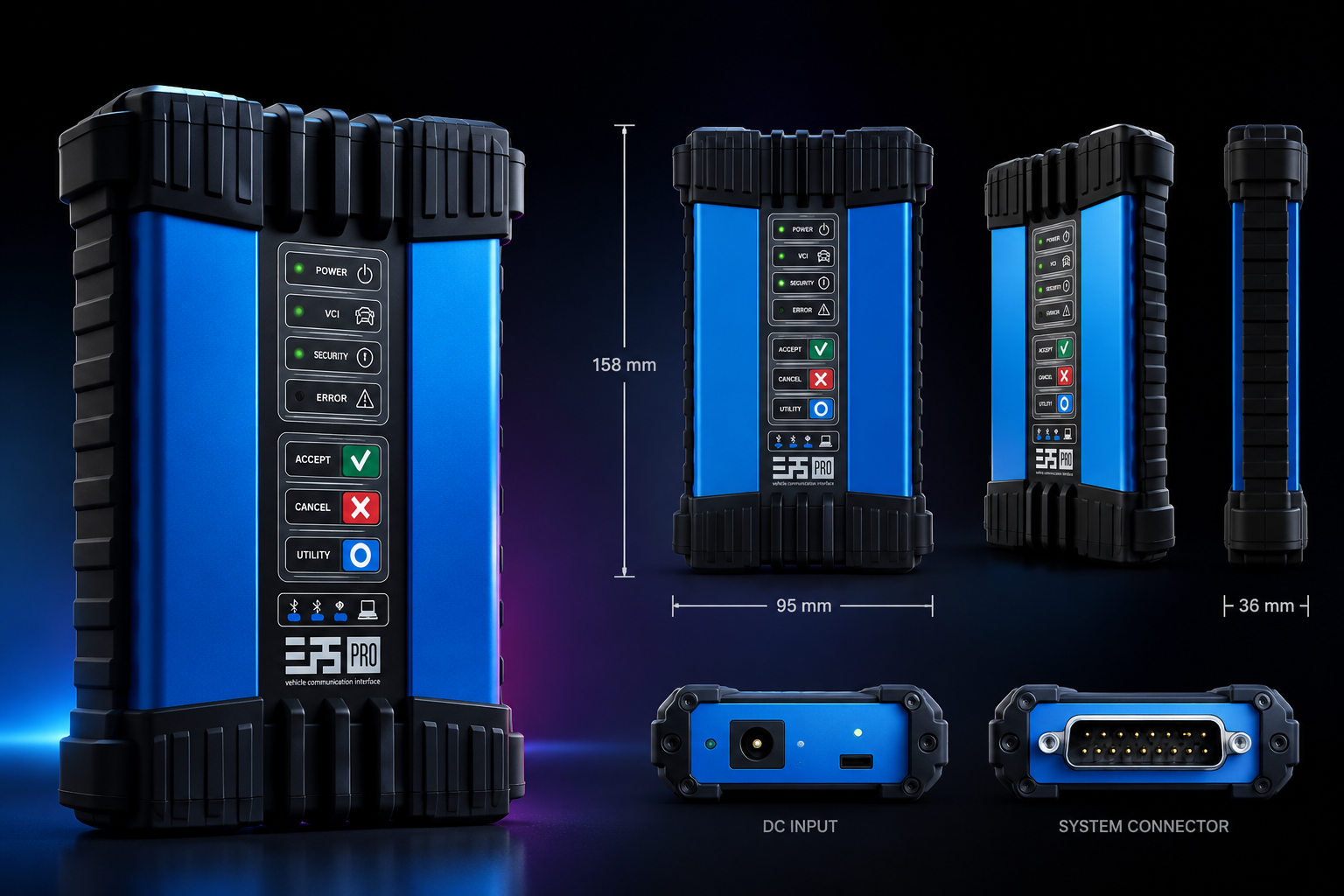 ELP5 PRO-VCI multi-angle render with dimensions and connectors