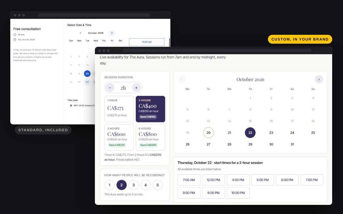 The standard booking calendar next to a custom booking calendar styled to a studio's brand