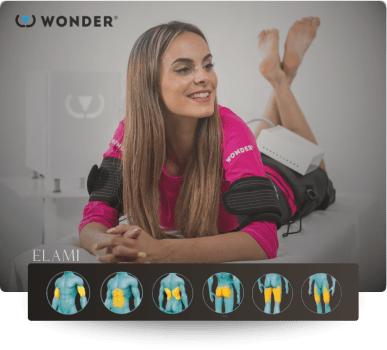 Modelka znázorňující cílené svalové oblasti aktivované během terapie Wonder Axon se šesti zvýrazněnými zónami.