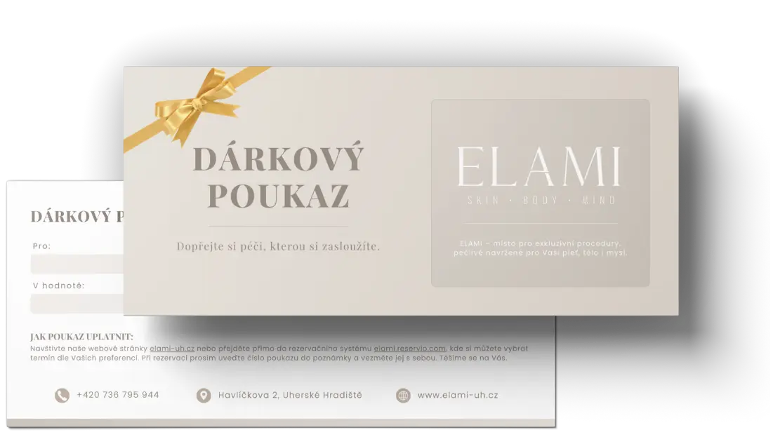Náhled designu dárkového poukazu ELAMI s elegantními motivy, vhodné jako dárek pro kosmetické a masážní procedury.