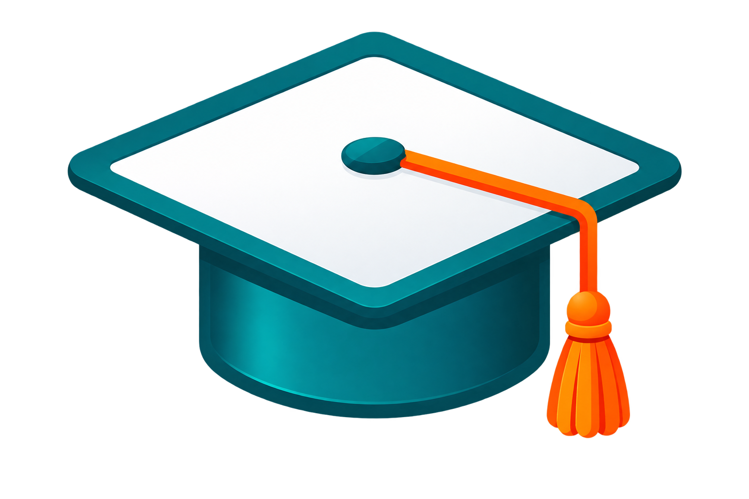 Line-art icon of a graduation cap in teal with an orange tassel