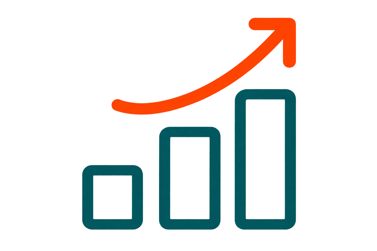 Line-art icon of a rising bar chart in teal with an orange upward-pointing arrow