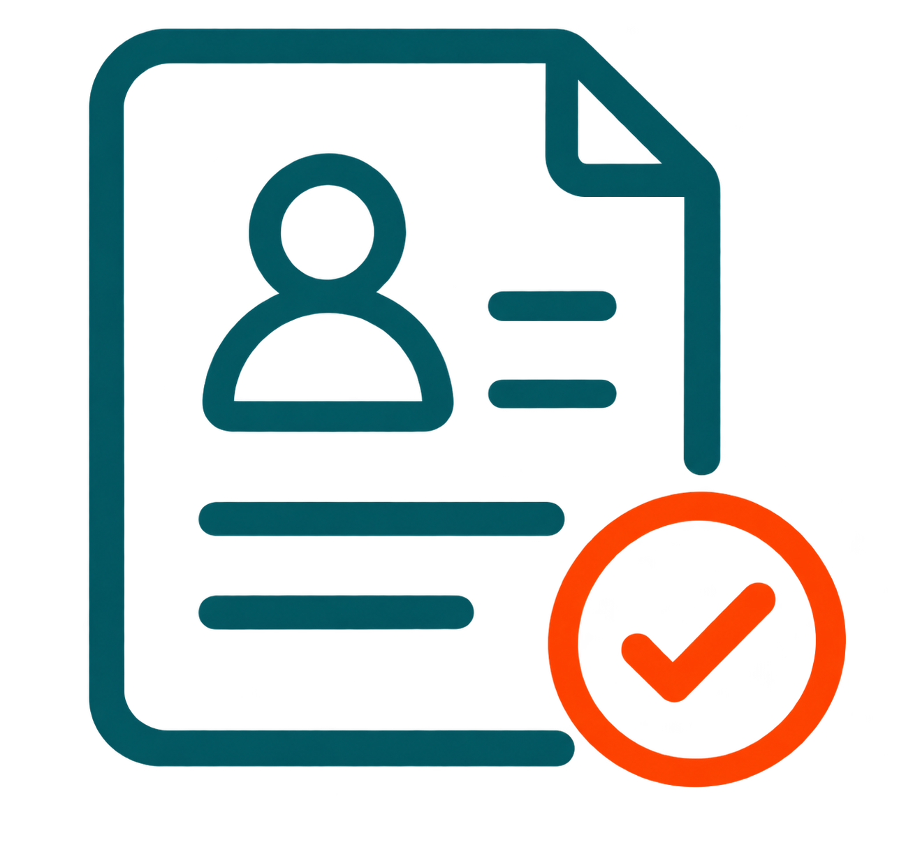 Line-art icon of a clipboard with a user profile and an orange checkmark badge