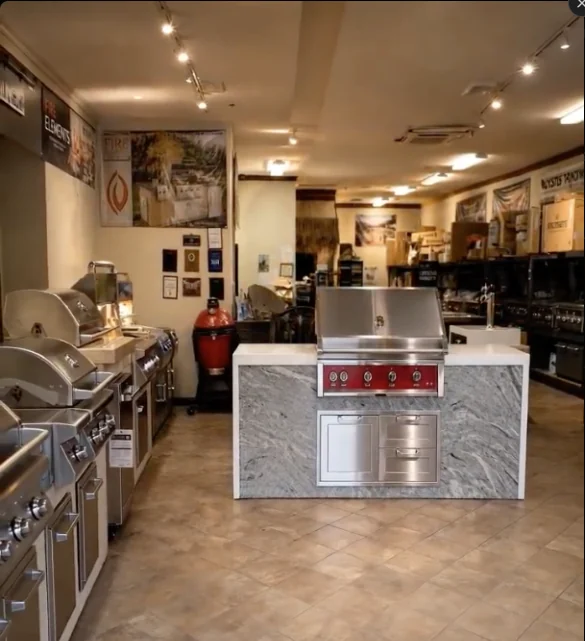 Outdoor kitchen islands inside the BBQ Outlets showroom in Orange, CA