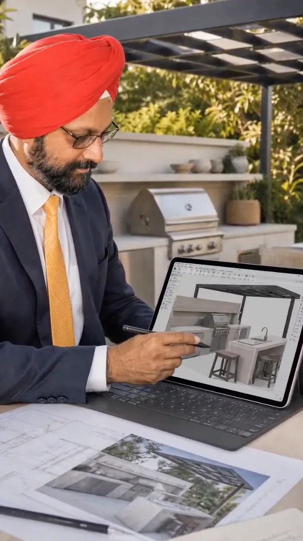 Surinder designing a 3D outdoor kitchen rendering