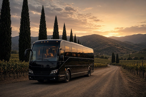A black luxury motorcoach on a Napa vineyard road at dusk