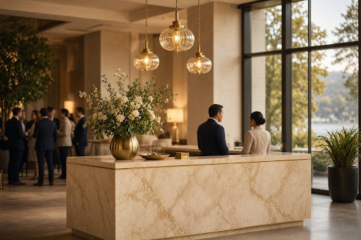 Registration desk in a cream-and-brass hotel lobby