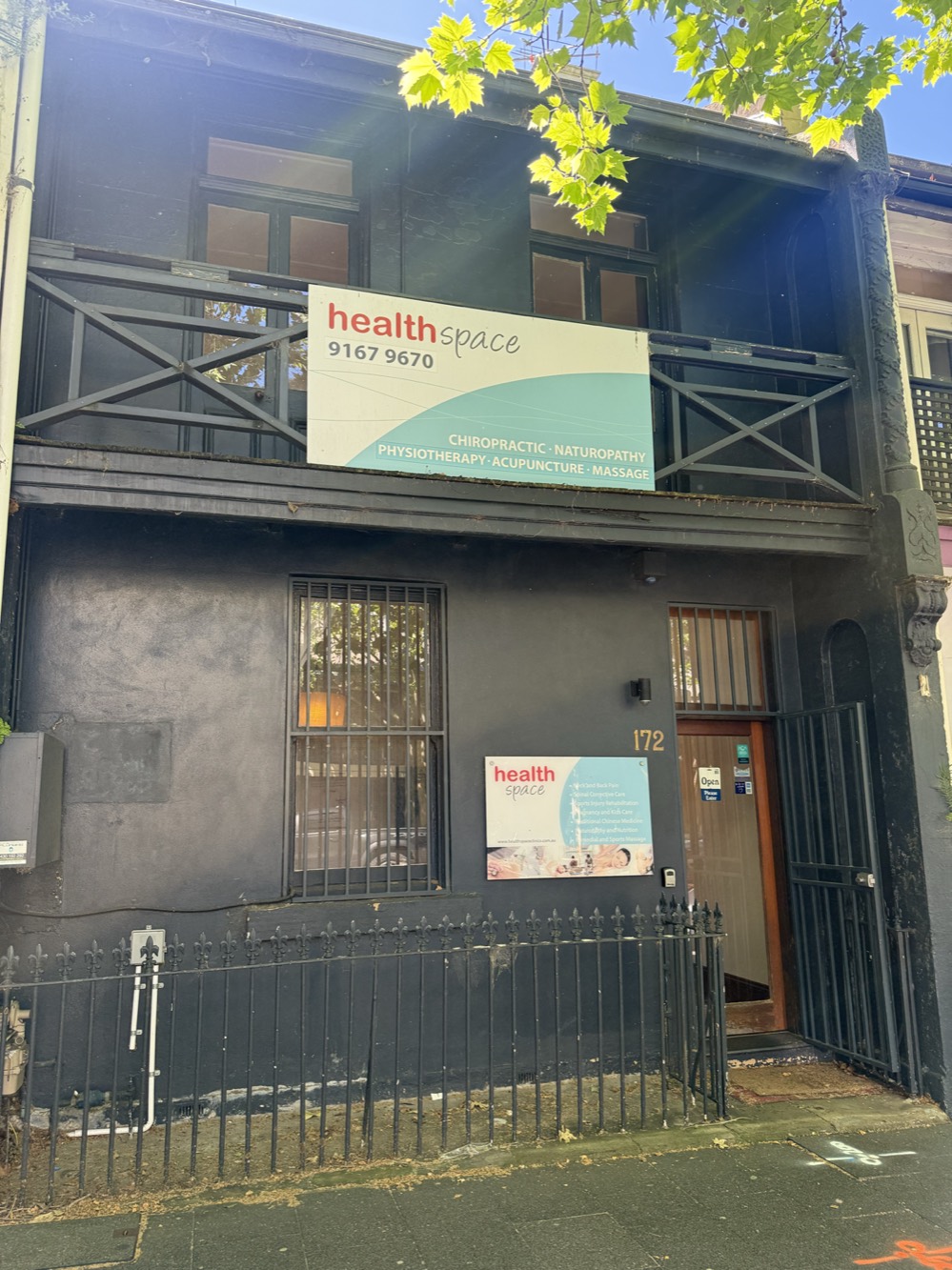The front of Healthspace Pyrmont, a historic terrace at 172 Harris Street
