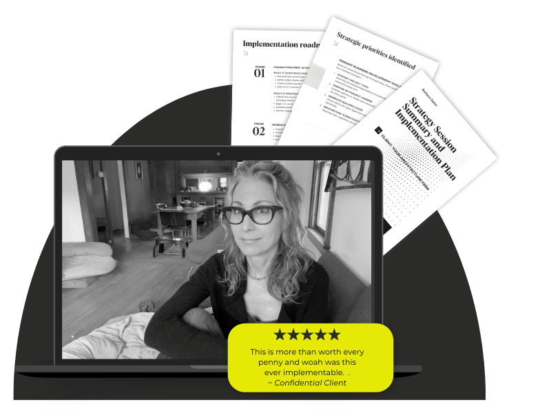 mockup of strategy session documents and barbara gates on laptp
