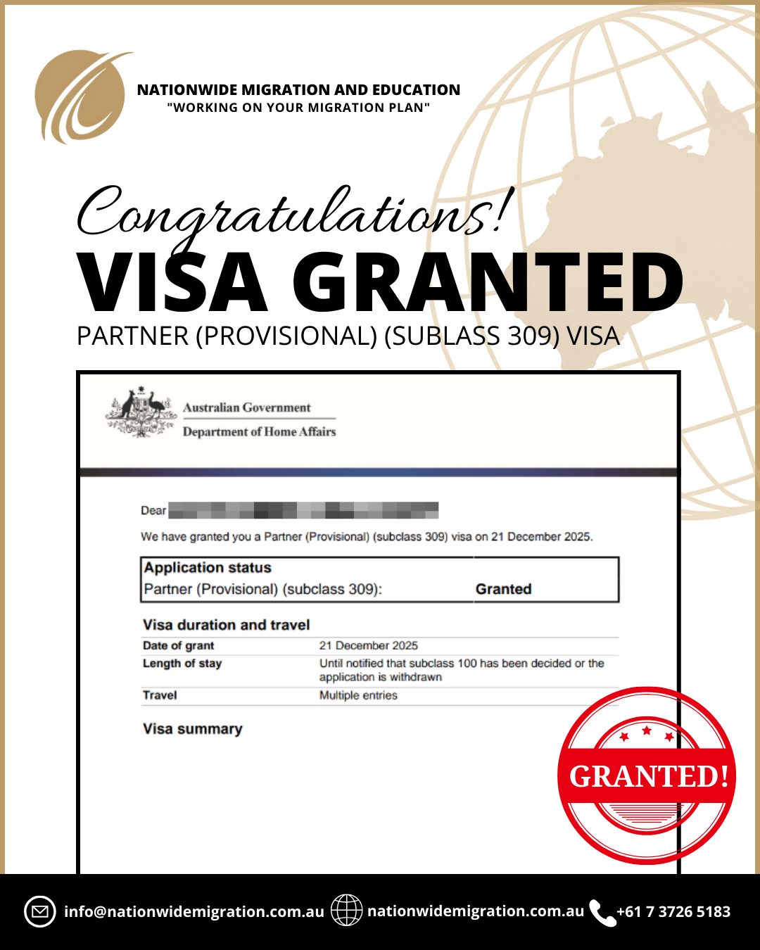 Successful Partner Visa Subclass 309 visa granted result