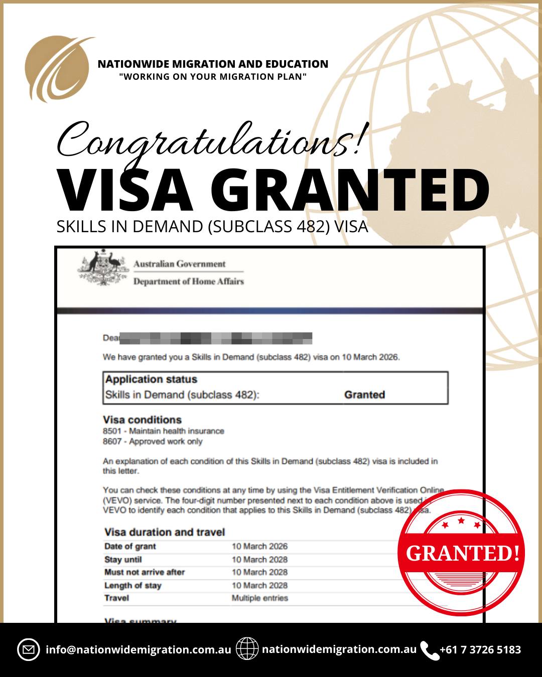 Subclass 482 visa granted for Retail Manager General
