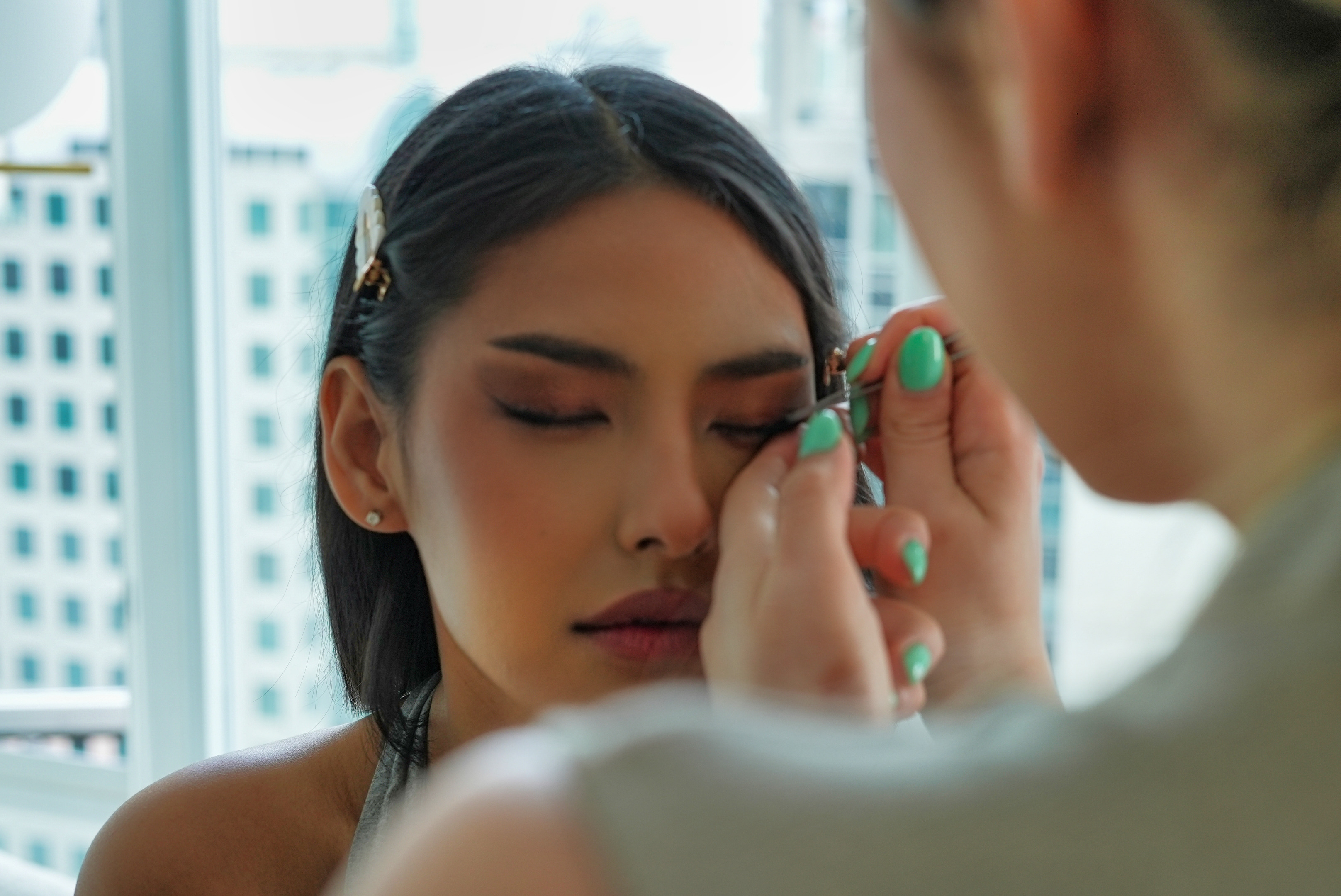 Regular luxury makeup application close-up