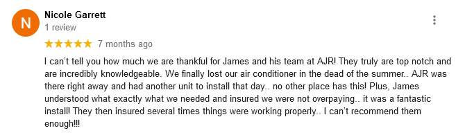 AJR Heating Air Conditioning Refrigeration, Inc. Google Review