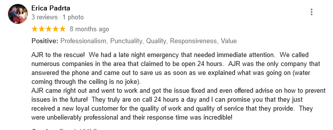 AJR Heating Air Conditioning Refrigeration, Inc. Google Review