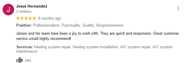 AJR Heating Air Conditioning Refrigeration, Inc. Google Review