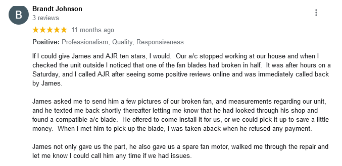 AJR Heating Air Conditioning Refrigeration, Inc. Google Review