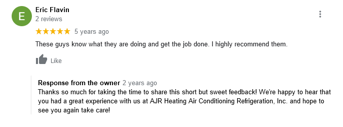 AJR Heating Air Conditioning Refrigeration, Inc. Google Review