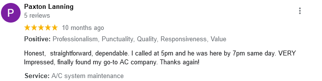 AJR Heating Air Conditioning Refrigeration, Inc. Google Review