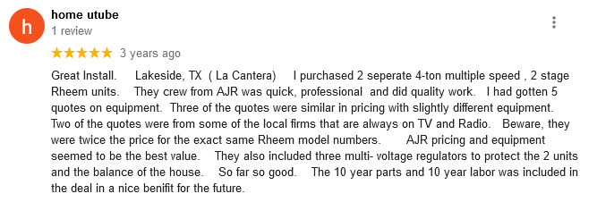 AJR Heating Air Conditioning Refrigeration, Inc. Google Review