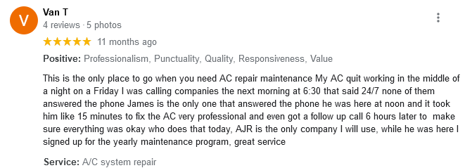 AJR Heating Air Conditioning Refrigeration, Inc. Google Review