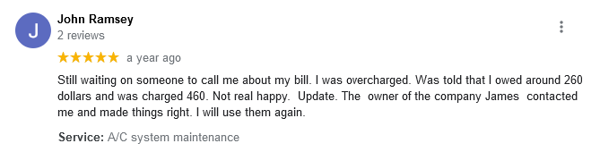 AJR Heating Air Conditioning Refrigeration, Inc. Google Review