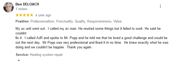 AJR Heating Air Conditioning Refrigeration, Inc. Google Review