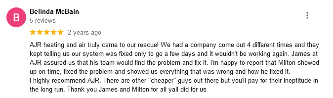 AJR Heating Air Conditioning Refrigeration, Inc. Google Review