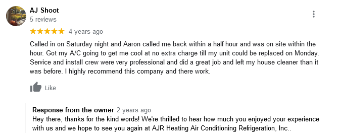 AJR Heating Air Conditioning Refrigeration, Inc. Google Review