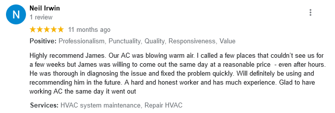AJR Heating Air Conditioning Refrigeration, Inc. Google Review