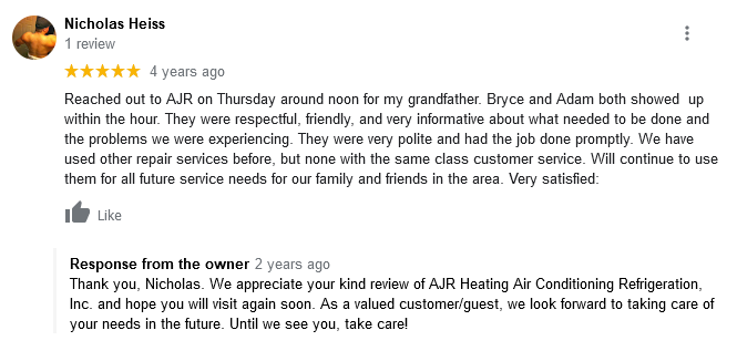 AJR Heating Air Conditioning Refrigeration, Inc. Google Review