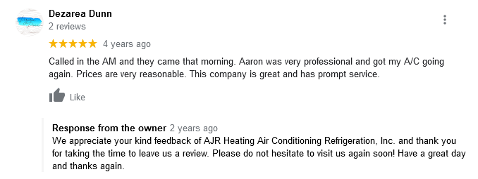 AJR Heating Air Conditioning Refrigeration, Inc. Google Review