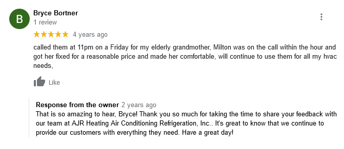 AJR Heating Air Conditioning Refrigeration, Inc. Google Review