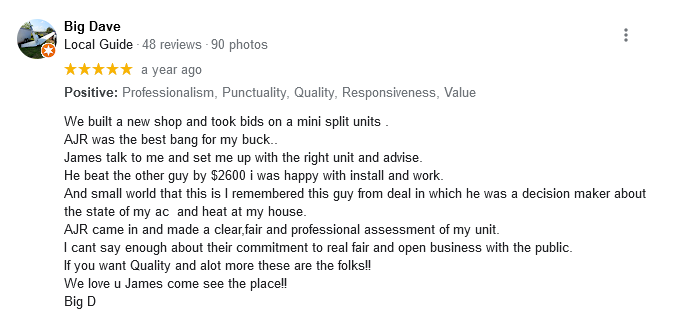 AJR Heating Air Conditioning Refrigeration, Inc. Google Review