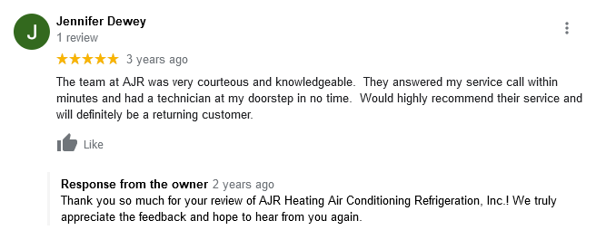 AJR Heating Air Conditioning Refrigeration, Inc. Google Review